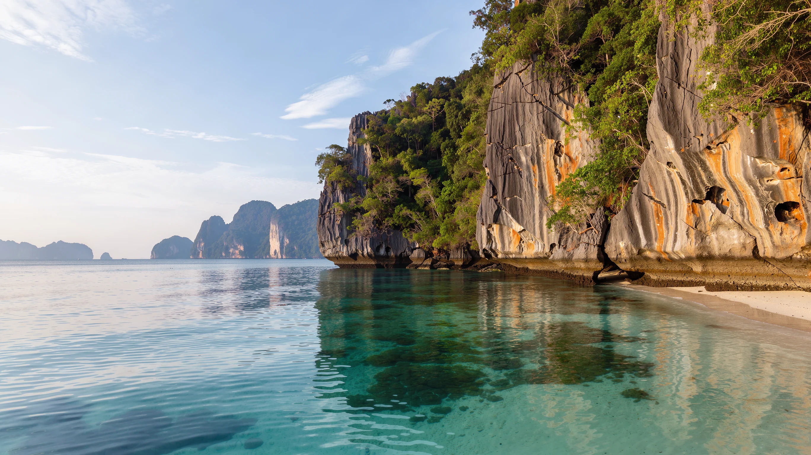 Limestone islands above calm Andaman water